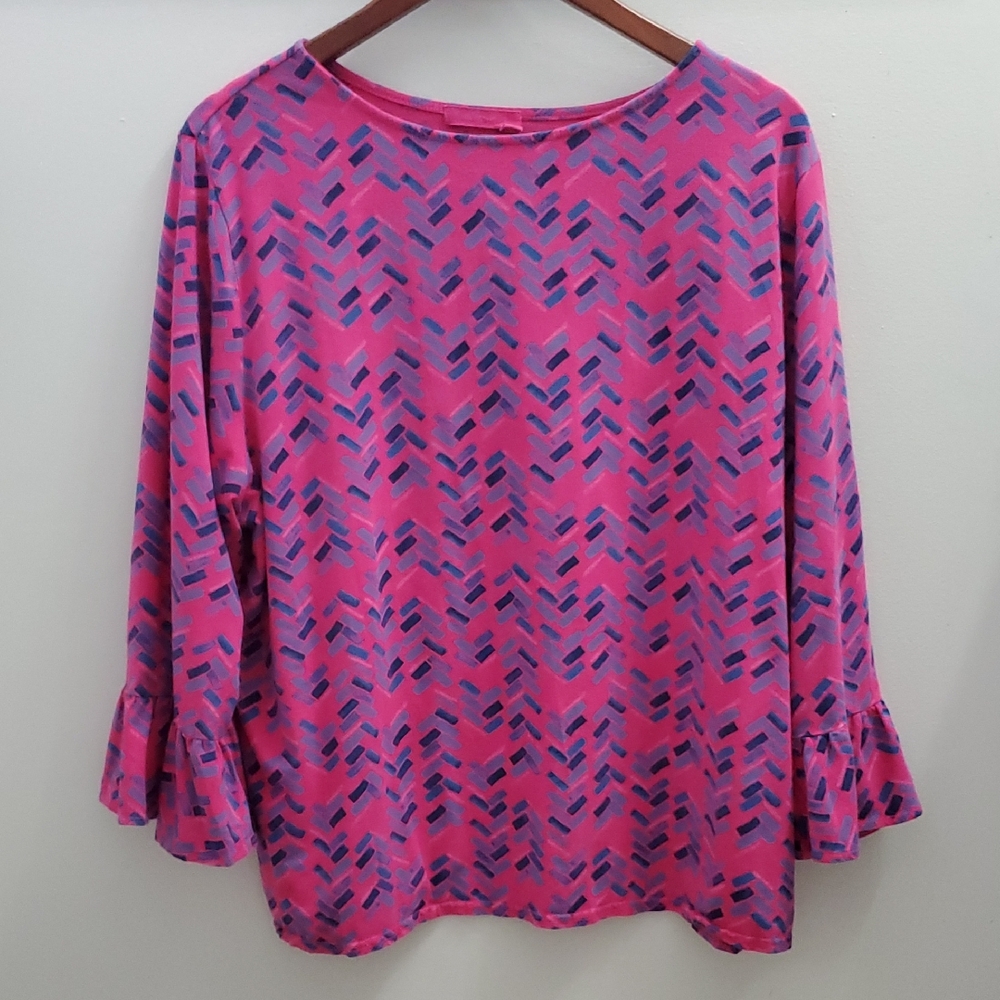 Fresh Produce Mosiac Ruffle Cuff Top In Raspberry Size 2X